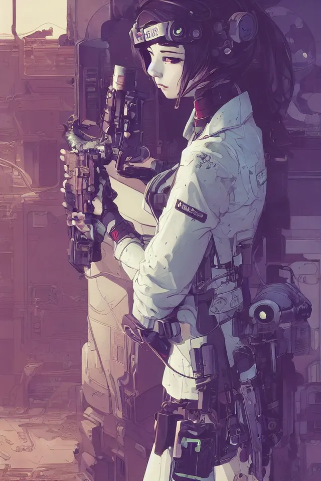 Prompt: very detailed, prophet graphic novel, ilya kuvshinov, rutkowski, simon roy, james jean, illustration of a cyberpunk military woman, colorful, deep shadows, astrophotography