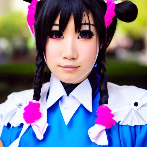 Image similar to a symmetric and beautiful face, high definition photo of a cosplayer with twin tails, wearing maid uniform, photo taken with Sony a7R