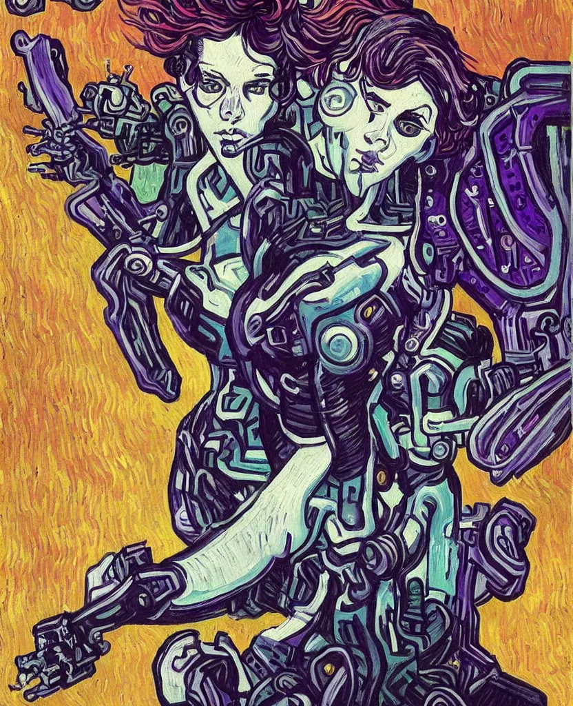 Prompt: A beautiful painting of a cyberpunk girl with purple hair and an a huge robot arm sensual stare, augmentations and cybernetic enhancements neon circuits, Painted by Vincent Van Gogh ❤️‍🔥 🔥 💀 🤖 🚀