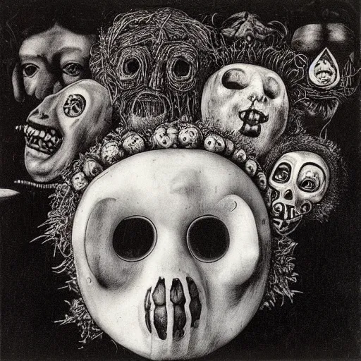 Image similar to punk album cover, no face, psychedelic, black and white, giuseppe arcimboldo