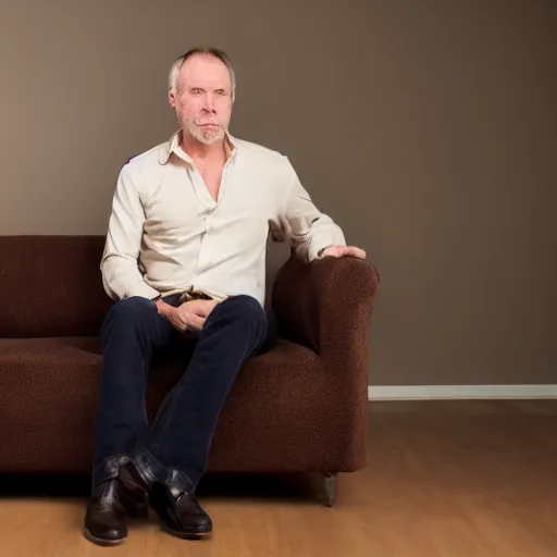 Image similar to full body photo of steve, mature male, mysterious face. he is sitting gracefully on a sofa, elegant slim beige shirt, tight shirt, pumped belly