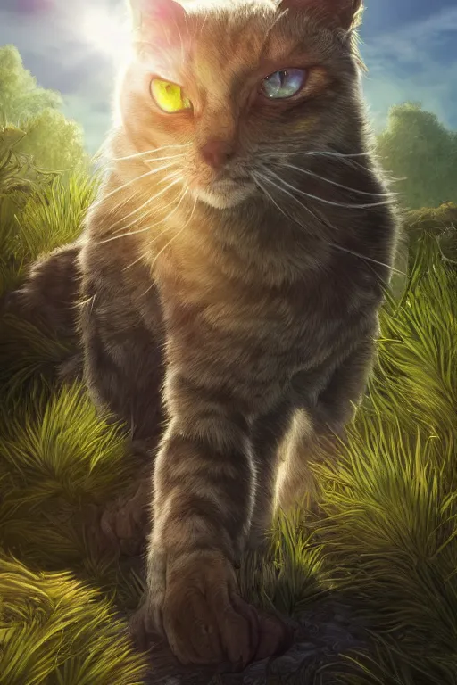 Prompt: a book cover for warrior cats by wayne mclouglin, depth of field, sun flare, hyper realistic, very detailed, backlighting, trending on artstation