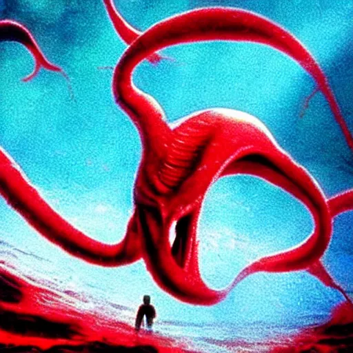 Image similar to the filmic anti - christ rising from a red ocean. ominous. vivid color detailed photograph from a 1 9 9 0 s horror movie. alien squid in the background.