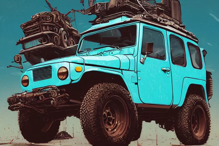 Image similar to digital illustration of a futuristic faded cyan mad max's fj 4 0 decrepit!!!! pursuit special, rusty!!! cyberpunk nissan fj cruiser heavily modded 1 9 9 0 s, the last v 8 interceptor by makoto shinkai, ilya kuvshinov, lois van baarle, rossdraws, basquiat