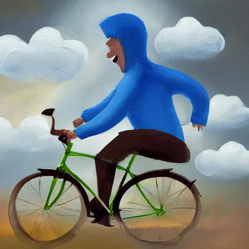 Image similar to A whimsical painting of a happy man flying in the sky on his bicycle in the clouds, expressive oil painting, digital art