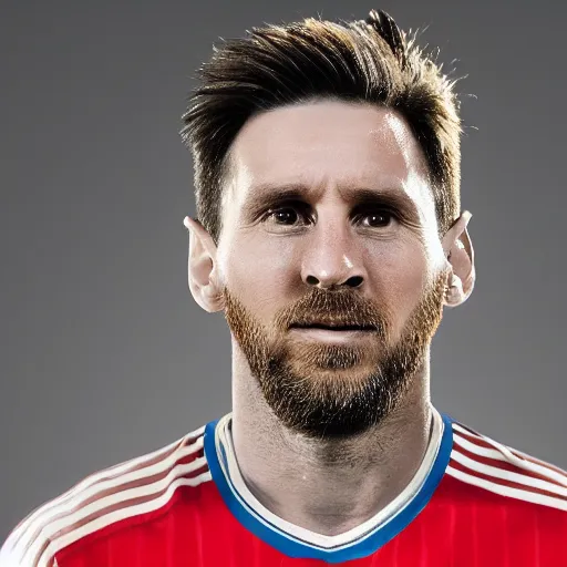 Image similar to a photography of Lionel Messi wearing a Bayern Munich jersey, red background, studio lighting