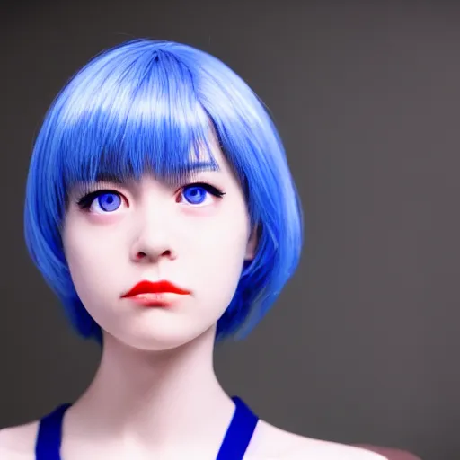 Image similar to Rei Ayanami from Neon Genesis Evangelion, live action, portrait shot,