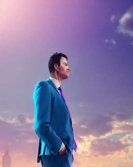 Image similar to man in blue suit with pink tie and purple shirt pondering, hyper realism, cinematic, volumetric lighting, intricate complexity, extremely detailed,