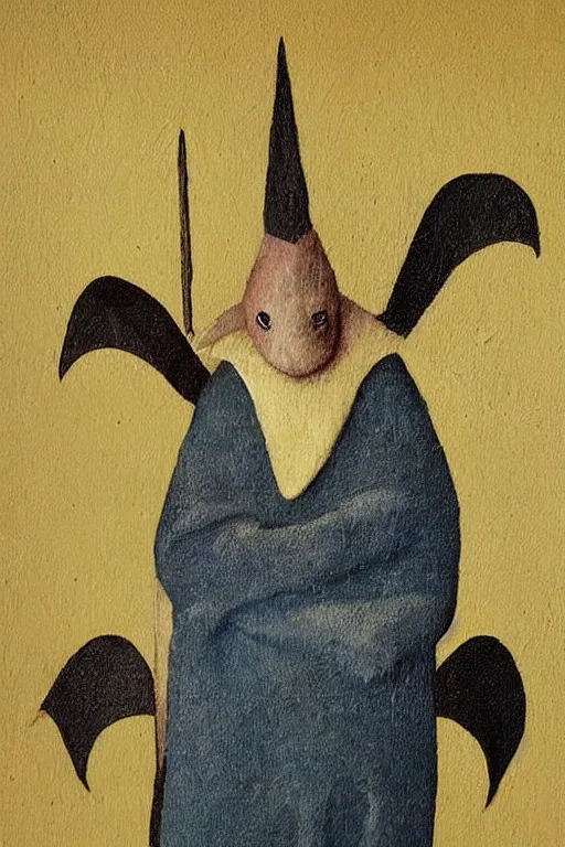 Image similar to silly hieronymus bosch creature. framed oil painting portrait of a bat in fancy felt robes. muted colour palette