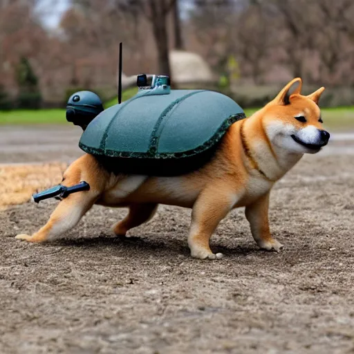 Prompt: shiba inu riding a war tortoise into battle