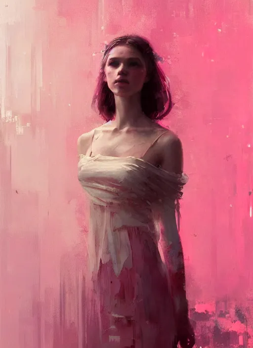 Prompt: indoor portrait of a beautiful girl, shades of pink, beautiful face, rule of thirds, intricate outfit, spotlight, by greg rutkowski, by jeremy mann, digital painting