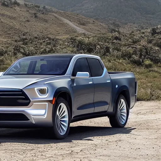 Image similar to A Pickup truck designed and produced by Tesla in the production year of 2022, promotional photo