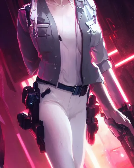 Image similar to anime key visual of a young female police officer, neon, cyberpunk, futuristic, white clothing, black vest, stunning, highly detailed, digital painting, artstation, smooth, soft focus, illustration, art by artgerm and greg rutkowski and alphonse mucha