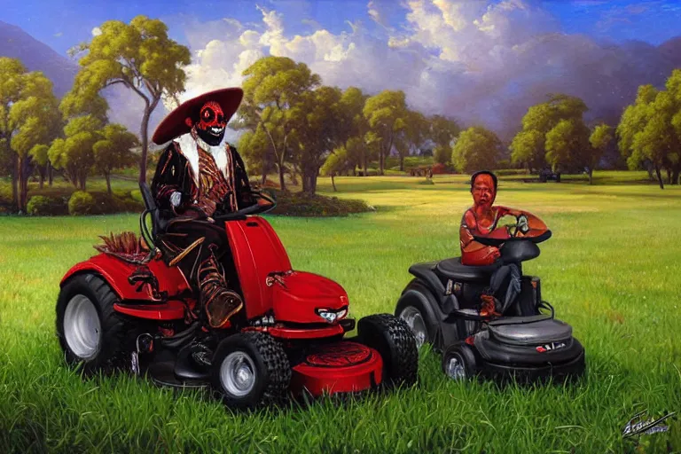 Image similar to portrait of wwf papa shango riding a lawn mower, an oil painting by ross tran and thomas kincade