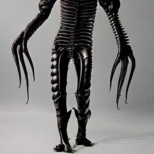 Prompt: giger biomehanic alien suit formal xenomorph classic catwalk fashion - n 8