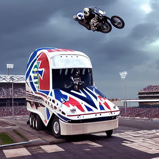 Prompt: evel knievel jumping busses at wembly stadium 3 d studiomax, maya 3 d, unrealengine, 4 k, 8 k, hdr, extreme render, mind - bending reality, hyper detailed, wide angle ultra - vivid, photo - realistic nikon 3 5 mm, photograph