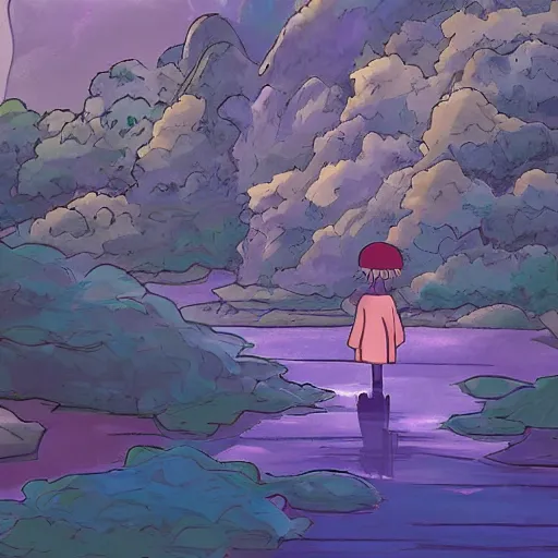 Prompt: friendly purple guy in studio ghibli artstyle, art, smooth, highly detailed, 4k, art, anime, colorful, river, beautiful scene,