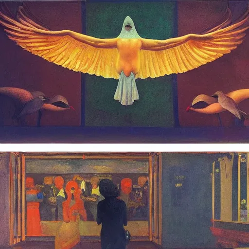 Image similar to a battle of crows in mumbai, hyperrealistic film still by edward hopper, by gottfried helnwein, by klimt, by paolo uccello, art nouveau, highly detailed, strong lights, liminal, eerie, metaphysical, bright pastel colors