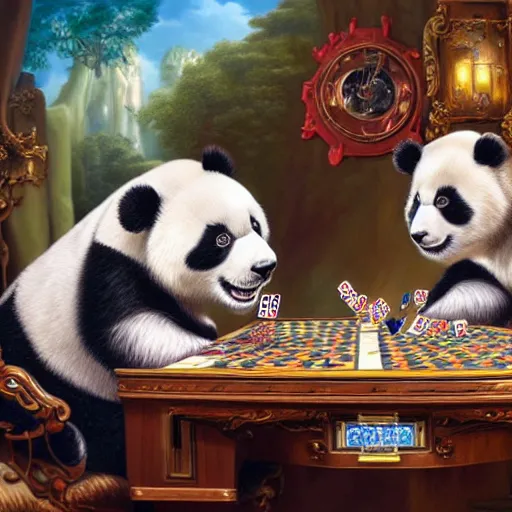 Image similar to panda bears playing cards, realistic, regal, refined, detailed digital art, michael cheval, walt disney ( 1 9 3 7 ), francois boucher, oil painting, steampunk, highly detailed, cinematic lighting, unreal engine, 8 k