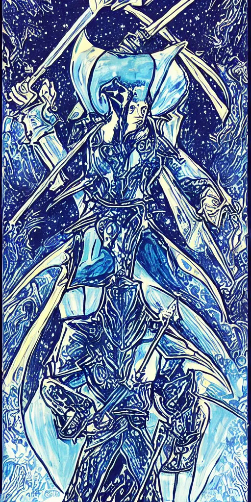 Prompt: Knight of Swords tarot card throne, space fantasy, symmetrical blue white and black, in the style of skottie young