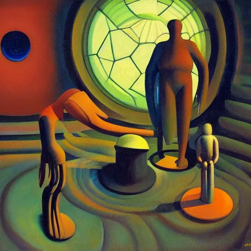 Image similar to three biomorphic robotic seers watchers oracles soothsayers with glowing eyes, inside a dome, pj crook, grant wood, edward hopper, syd mead, chiaroscuro, oil on canvas