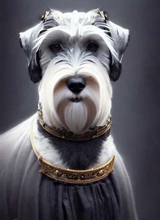 Image similar to portrait of stoic looking miniature schnauzer, black fir, white eyebrows, fantasy, intricate, elegant, highly detailed, digital painting, artstation, concept art, smooth, sharp focus, illustration, art by artgerm and greg rutkowski and alphonse mucha