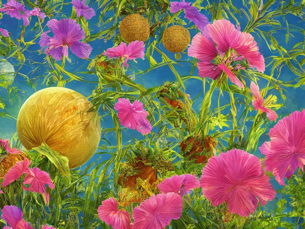 Image similar to sunlight study, the universe is a spheroid region 7 0 5 meters in diameter of kauai wildflower undergrowth, art nouveau, by maria sibylla merian and ( ( ( ( ( lisa frank ) ) ) ) ), 8 k, sharp focus, octane render