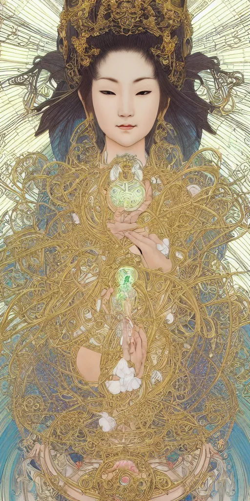 Image similar to beautiful asian face, quan yin goddess of tranquility, hyper detailed, character concept, full body, dynamic pose, intricate, lineart, cerpuscular rays, by yoshitaka amano, alfons mucha, 4k, artstation