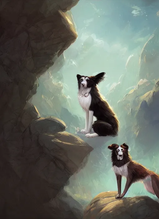 Image similar to wide angle beautiful full body portrait of a cute male anthropomorphic anthro border collie fursona wearing a jumpsuit on basalt columns, character design by charlie bowater, henry asencio, and ross tran, disney, scenic background, detailed, glamor pose, aesthetic, trending on artstation, furaffinity, deviantart