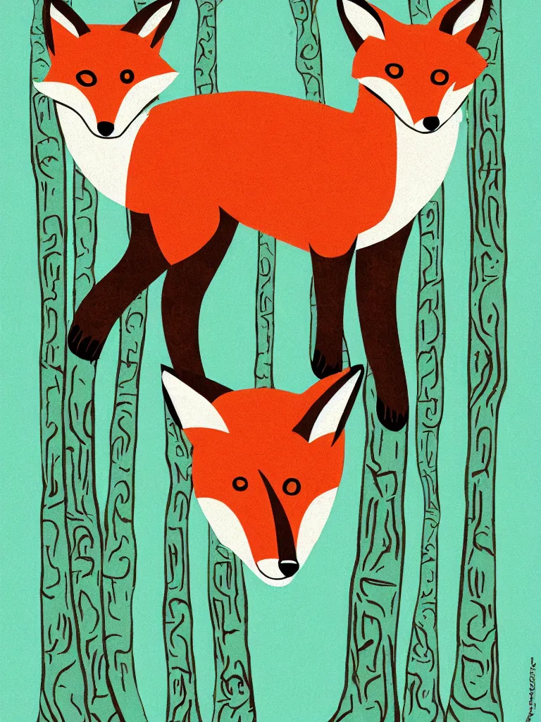 Prompt: artist ten hundred style poster illustration of a fox in a forest scene, some grungy markings, pastel colors