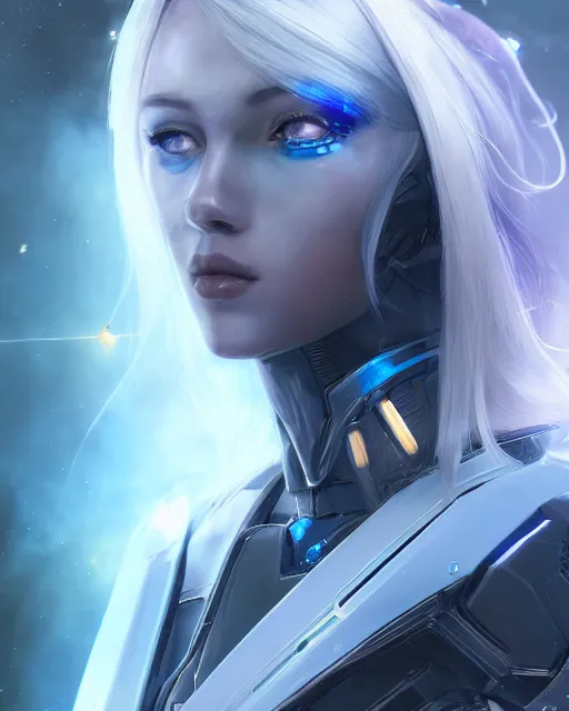 Image similar to perfect android girl on a mothership, warframe armor, beautiful face, scifi, futuristic, galaxy, nebula, raytracing, dreamy, long white hair, blue cyborg eyes, sharp focus, cinematic lighting, highly detailed, artstation, divine, by gauthier leblanc, kazuya takahashi, huifeng huang