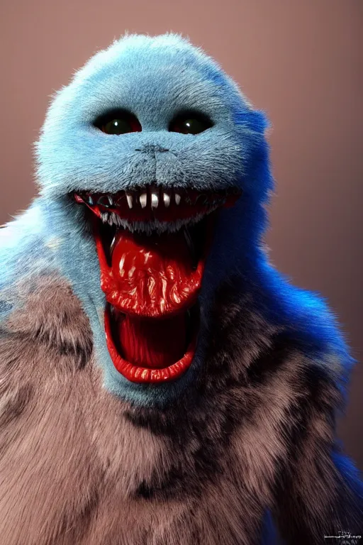 Image similar to a blue furry creature with [ bulging eyes ]!!!, [ [ immensely red large lips ] ]!!!, sharp teeth, 4 k photorealistic [ quality ], trending on cgsociety, horror art, eerie art style