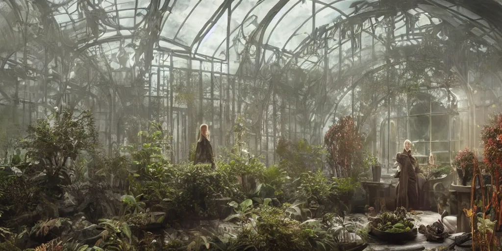 Prompt: octane render, ultra photorealistic, hyper detailed, unreal engine, a breathtaking sci - fi gothic victorian greenhouse terrarium with amber liquid containers perserving human bodies. artwork by guillermo del toro, james cameron, greg rutkowski, alphonse mucha, james gurney inspired by blade runner 2 0 4 9