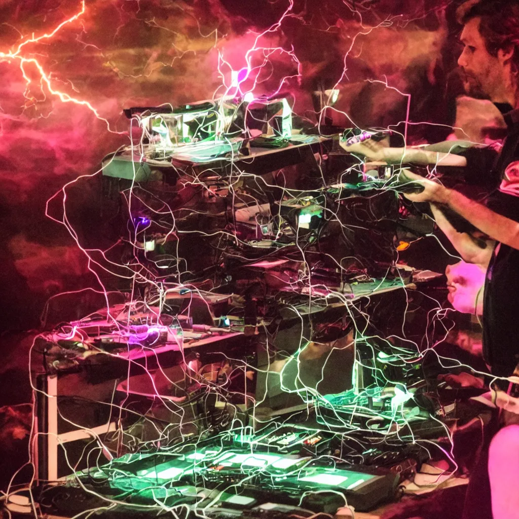 Image similar to A Warlock performing with a modular synthesizer, lightning in the background, high quality