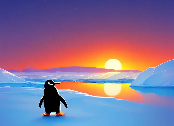 Image similar to a penguin sliding on the ice floe, by makoto shinkai, highly detailed, sunset light