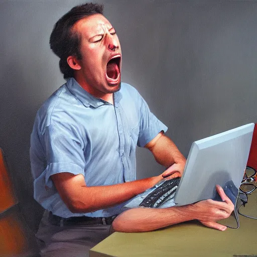 Image similar to an angry man yells at his computer monitor, oil on canvas, highly detailed, high resolution