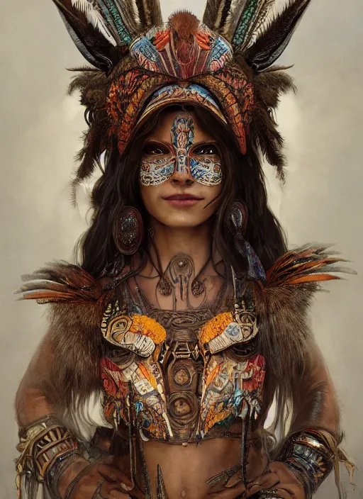 Image similar to a Photorealistic dramatic fantasy render of a beautiful woman wearing a beautiful intricately detailed Aztec Insect shaman mask and costume by WLOP,Artgerm,Greg Rutkowski,Alphonse Mucha, Beautiful dynamic dramatic dark moody lighting,shadows,cinematic atmosphere,Artstation,concept design art,Octane render,8K