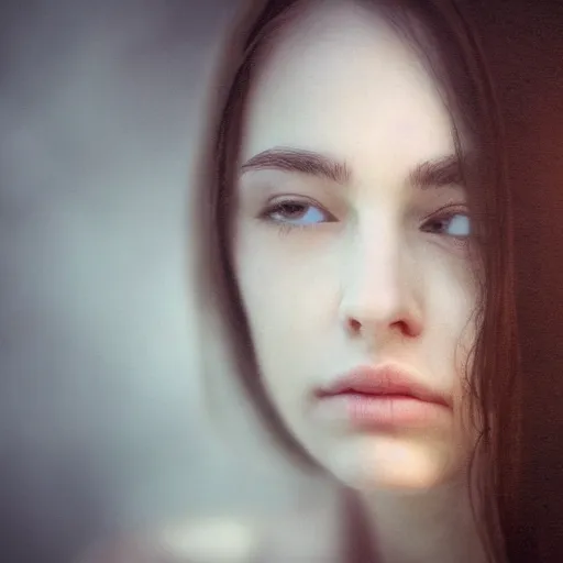 Image similar to photorealistic portrait of a beautiful young woman, very blurry, out of focus, translucent stone white skin, closed eyes, foggy, closeup