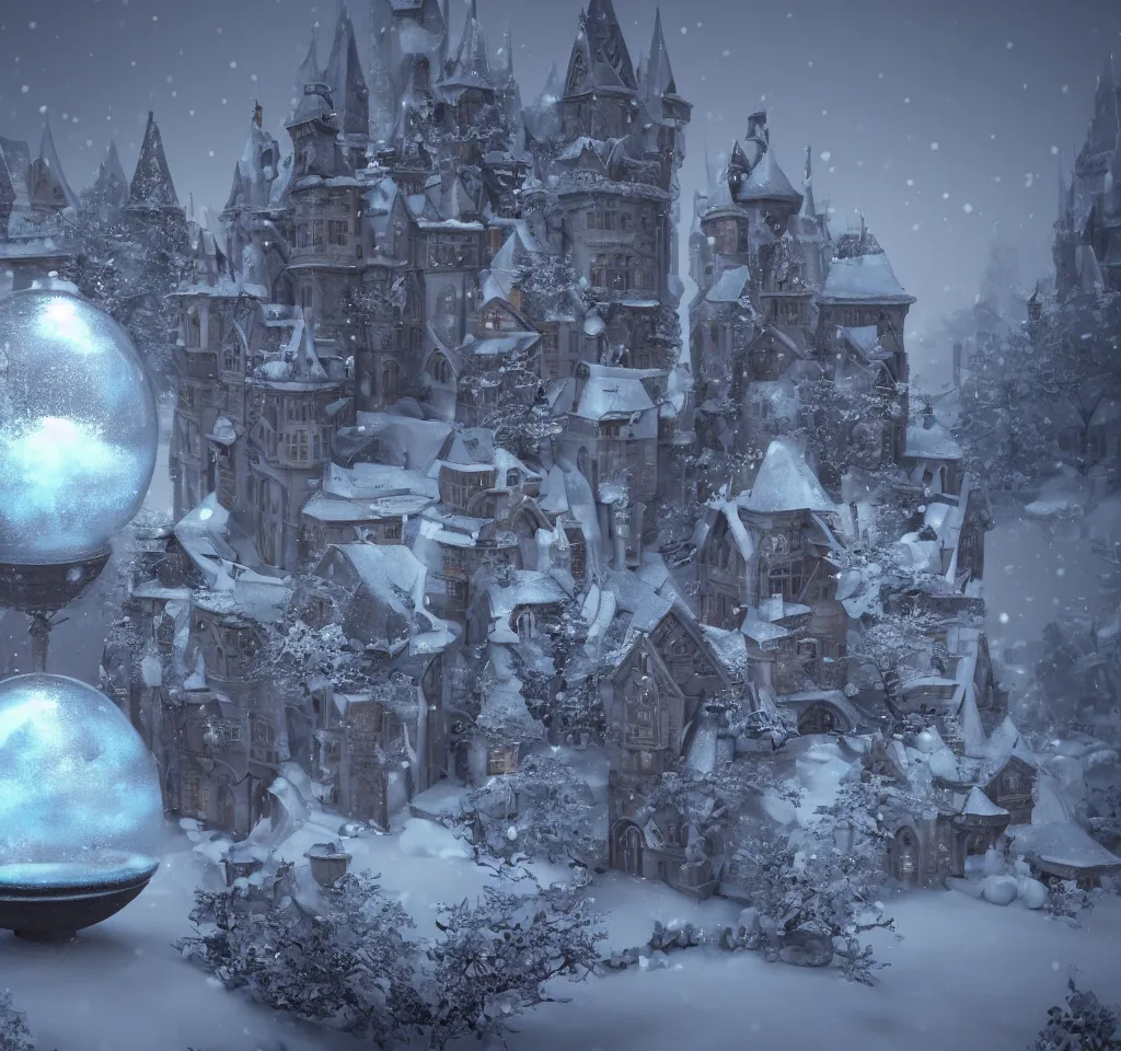 Prompt: a snow globe with a goth castle inside, cgsociety, snow, dreamy, volumetric light, 3 d render, artstation, hyperdetailed, dramatic, epic painting, 8 k, sharpness