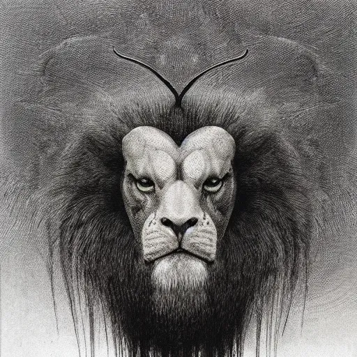 Image similar to the man with the beak of an eagle, the mane of a lion, the horns of a bull. drawn by zdzislaw beksinski