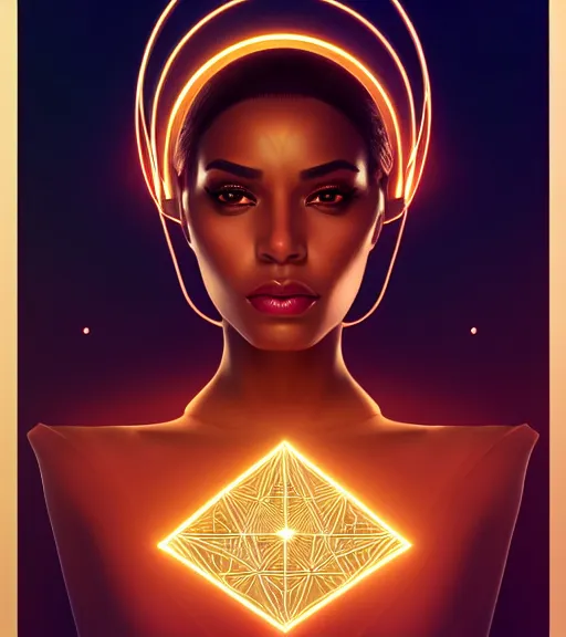 Image similar to symmetry!! egyptian queen of technology, solid cube of light, hard edges, product render retro - futuristic poster scifi, lasers and neon circuits, brown skin beautiful egyptian, queen, intricate, elegant, highly detailed, digital painting, artstation, concept art, smooth, sharp focus, illustration, dreamlike, art by artgerm