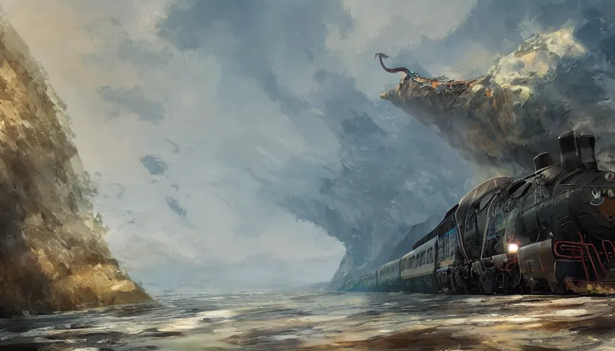 Image similar to craig mullins and ghibli digital illustration of a long dragon - style train in deep ocean unreal engine, hyper realism, realistic shading, cinematic composition, realistic render, octane render, detailed textures, photorealistic, wide shot