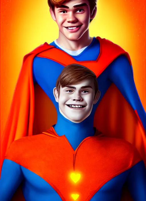 Image similar to friendly teenage archie andrews wearing an orange superhero costume with heart logo, heart, freckles, blue cape, heart emblem on chest, blue cape, intricate, elegant, glowing lights, highly detailed, digital painting, artstation, sharp focus, illustration, art by wlop, mars ravelo and greg rutkowski