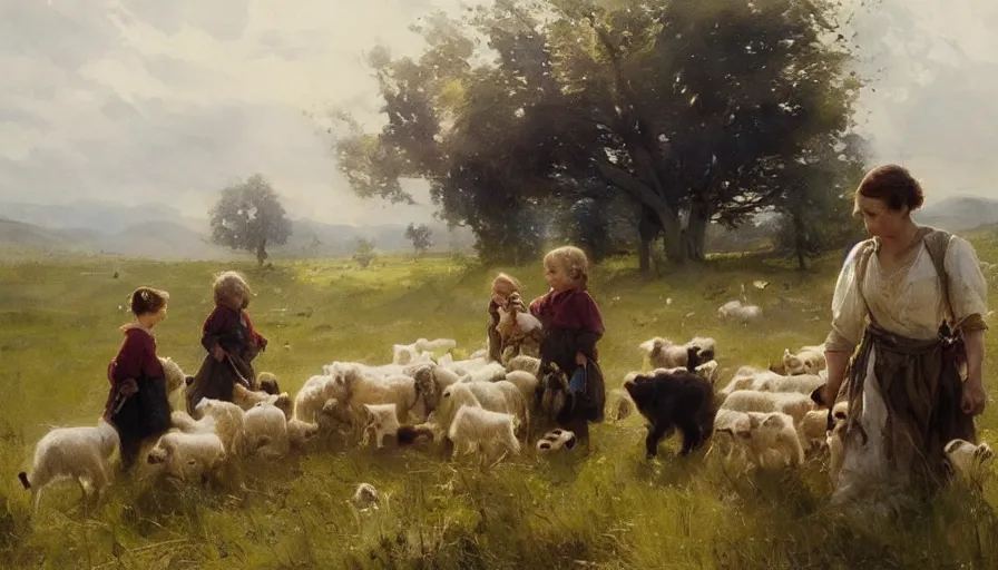 Prompt: simple villager shepherd and children with flocks of cats in open fields, art by anders zorn, wonderful masterpiece by greg rutkowski, beautiful cinematic light, american romanticism thomas lawrence, greg rutkowski