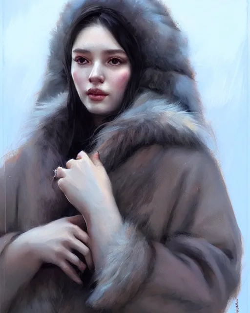 Image similar to a beautiful siberian girl with bear fur coat with hot decollete | | winter, realistic shaded, unpleasant face, bad looking, fine details, realistic shaded lighting poster by greg rutkowski, magali villeneuve, artgerm, jeremy lipkin and michael garmash and rob rey