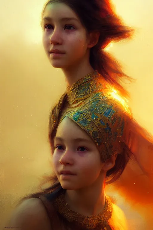 Image similar to babylonian girl, joyful, close-up portrait, intricate, elegant, volumetric lighting, scenery, digital painting, highly detailed, artstation, sharp focus, illustration, concept art, ruan jia, steve mccurry