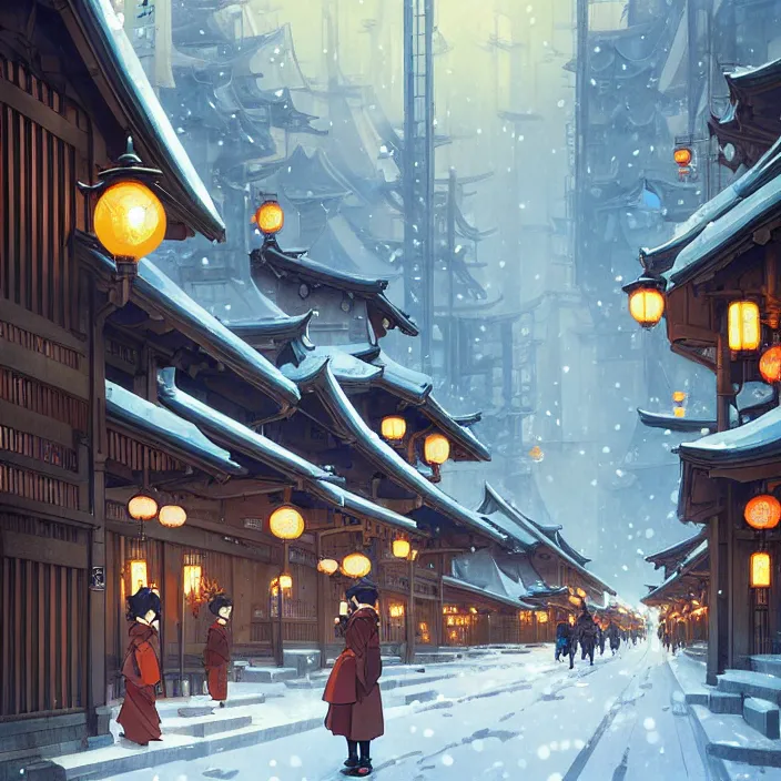 Image similar to japanese big city, winter, in the style of studio ghibli, j. c. leyendecker, greg rutkowski, artem