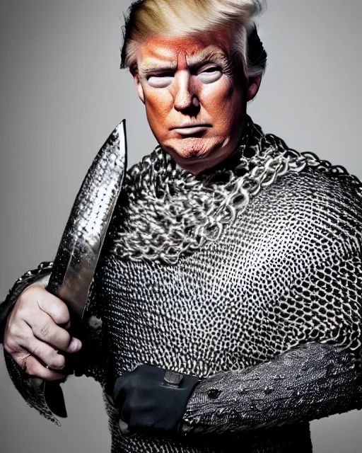 Image similar to a photo of donald trump wearing chainmail. he's holding a longsword. medium shot portrait. dslr photography