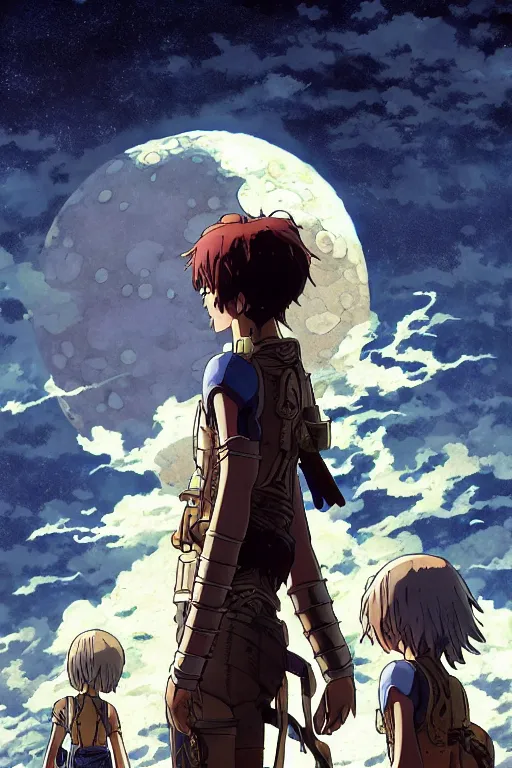 Image similar to a full moon containing the blood and battle glimmering stairways to otherworldly galaxies, high intricate details, rule of thirds, golden ratio, cinematic light, anime style, graphic novel by fiona staples and dustin nguyen, by beaststars and orange, peter elson, alan bean, studio ghibli, makoto shinkai