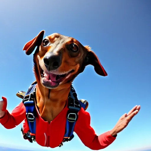 Image similar to skydiving weiner dog high resolution photography 8 k